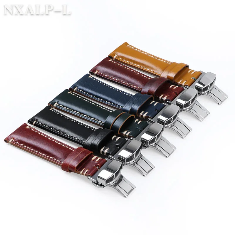 Pulseira De Relógio De Couro Genuíno, Liberação Rápida, Pulseira De Couro De Óleo, Fecho De Borboleta, Pulseira De Costura Artesanal, 20mm, 22mm, 24mm