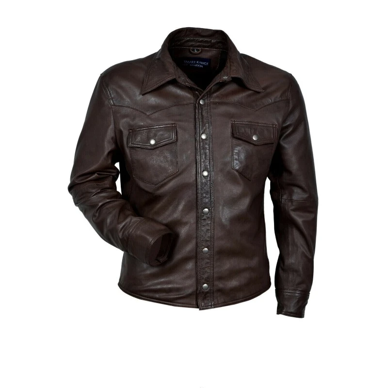 Men Genuine Lambskin 100% Leather Shirt Jacket Biker Dark Brown Button Coat