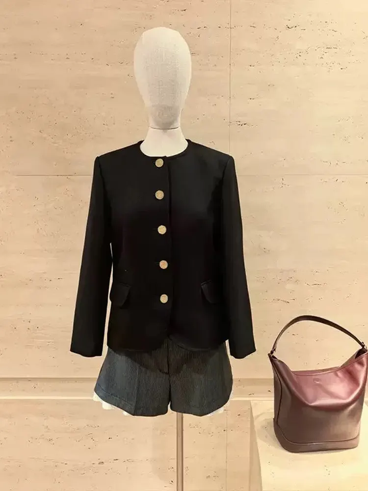 

Темно-синий формальный круглый прямой французский костюм Ne ort oulder Jaet с металлическим декором, женский повседневный топ Faion