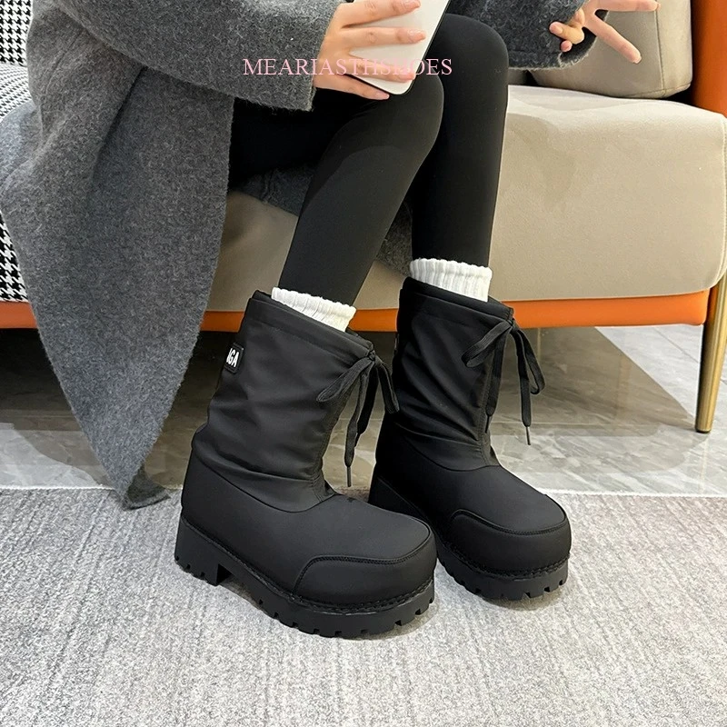 Unisex Big Head Botas Mujer Designer Drawstring Snow Boot Waterproof Anti-slip Warm Padded Thickened Platform Bottom Ankle Shoes