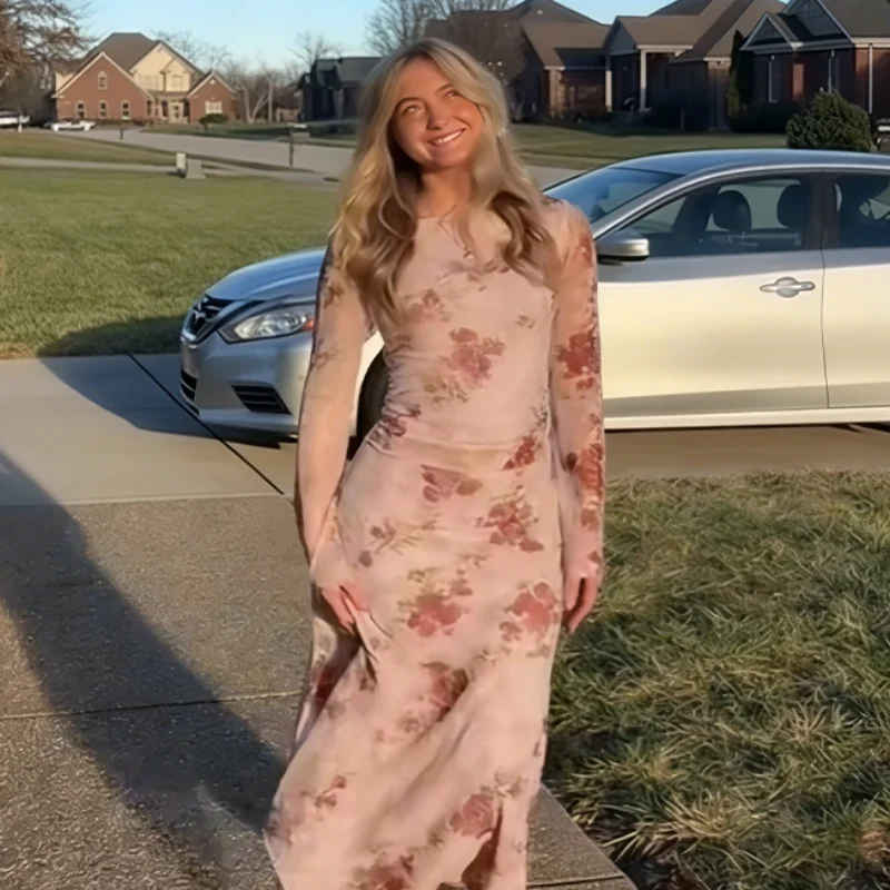 

Новинка: Романтический сет из сетчатых тканей, комплект из топа с длинным рукавом и элегантной длинной юбки, облегающий крой, круглый вырез, женская одежда 2026