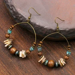 SUMENG 2025 New Ethnic Bohemia Women's Gypsy Big Bronze Wood Beads Round Drop Boho Earrings Vintage Style For Female Jewelry