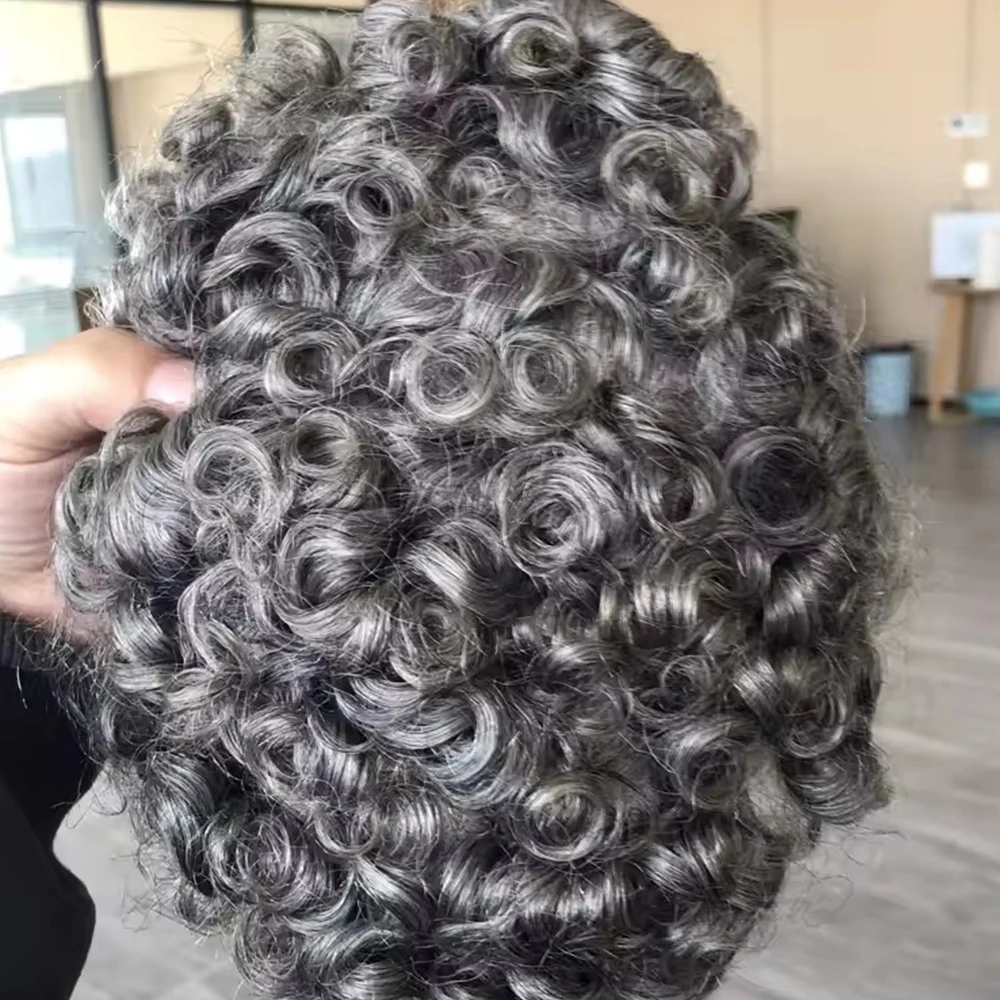 20mm Lockiges Voll-Hautbasis-PU-Toupet für Herren aus Echthaar, Langlebiges Prothesensystem 1b40 Grau Schwarz/Braun, Natürlicher Frontal-Haarteil – Detail 1