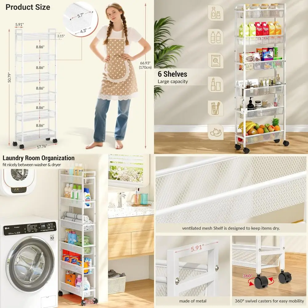 

6-уровневая узкая передвижная тележка для хранения, металлический органайзер для дома, белая, 6-секционная, широкая