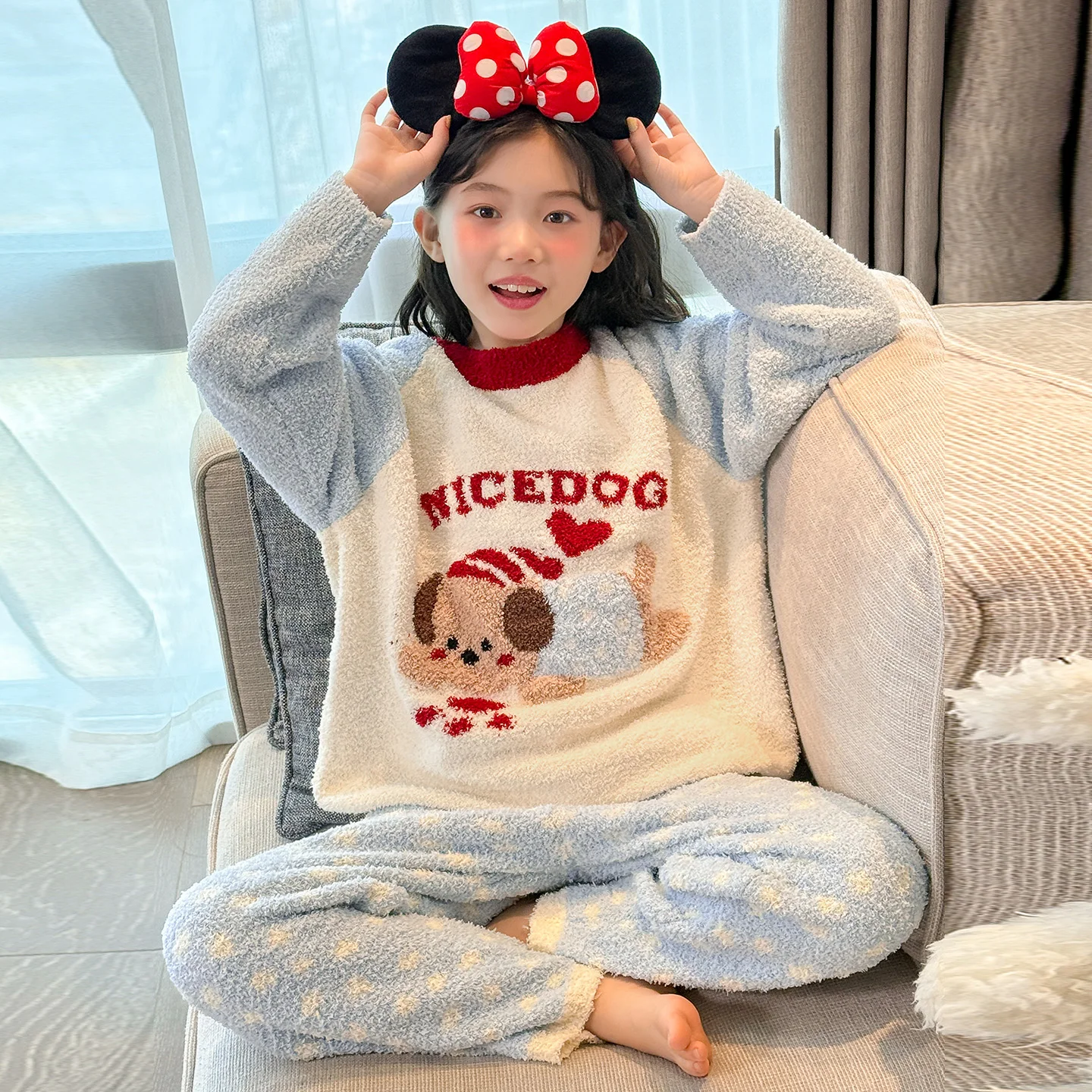 2025 جديد الخريف الشتاء سميكة نصف الصوف الكرتون Homewear مجموعات الكورية نمط في الهواء الطلق يمكن ارتداؤها لينة مريحة طويلة الأكمام