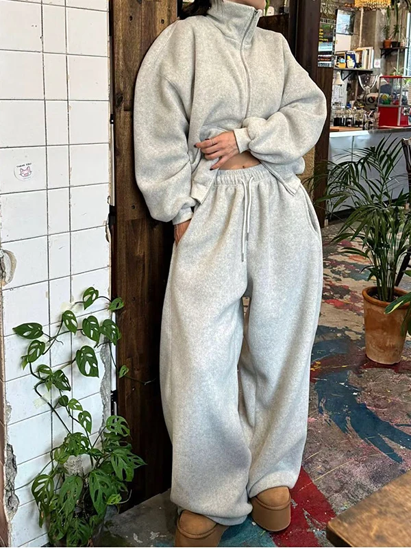 

Korean Sle Women's Plu Thiened Loose Sweatpants Set ort Zipper Jaet Two-Piece Set Faionable Early Winter Clothing
