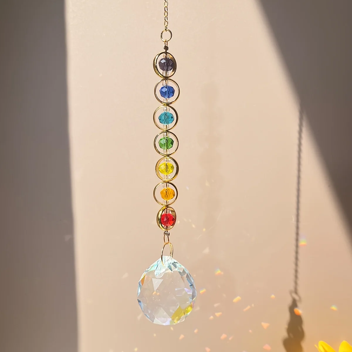 Chakra Crystal Sun Catcher, Hanging Glass Prism Rainbow Maker for Summer Window, Garden & Patio Decor, Spiritual Gift