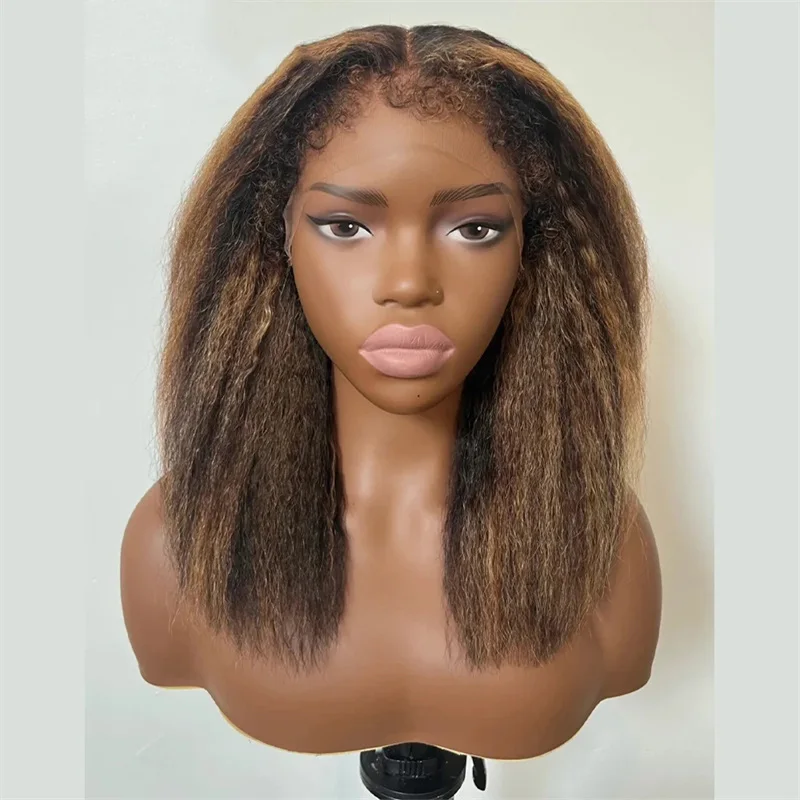 Soft Ombre Blond Long 30Inch Yaki Kinky Straight Lace Front Wig For Women With Baby Hair Synthetic Preplucked Glueless Daily