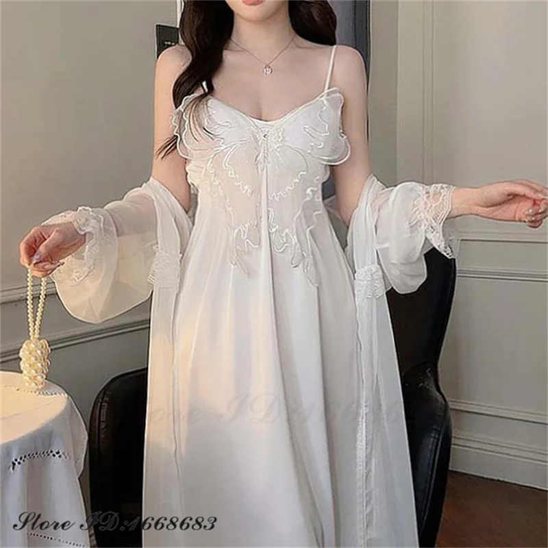 Sexy Long 2PCS Robe Nightgown Set Sequin Butterfly Lace Negligee Home Dressing Gown Spring Autumn Women\'s Sleepwear Lounge Wear