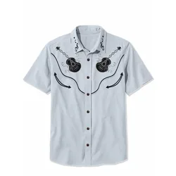 Cowboy with Guitar 100% Cotton Shirt Punk Face Men's Hawaiian Shirt Summer Short Sleeve Button Down Shirt Tropical White Tops