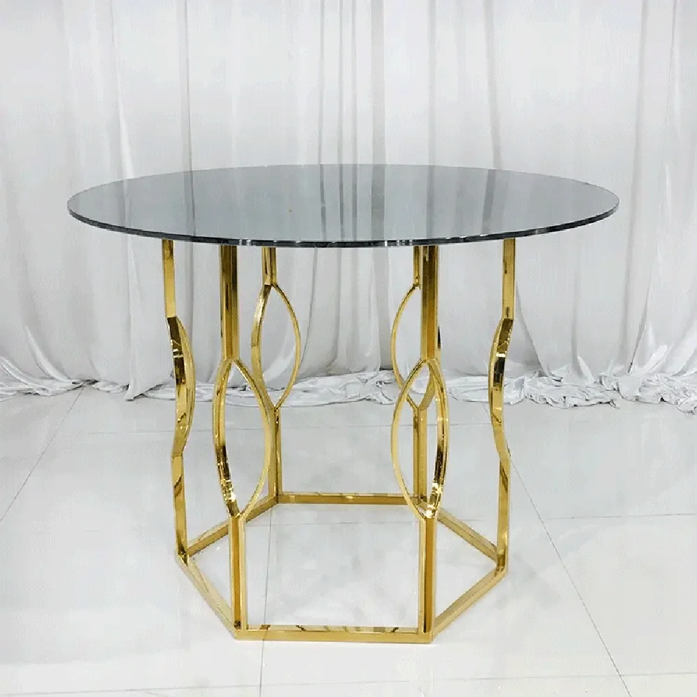 High Qulality gold stainless steel frame glass top round tables dining cake table for wedding events