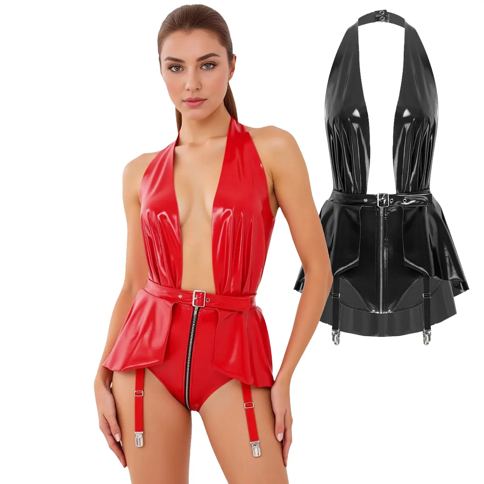 

Женское глянцевое боди с глубоким v-образным вырезом и открытой спиной на молнии в промежности с юбкой и подвязками Цельный комбинезон для одной вечеринки Rave Clubwear