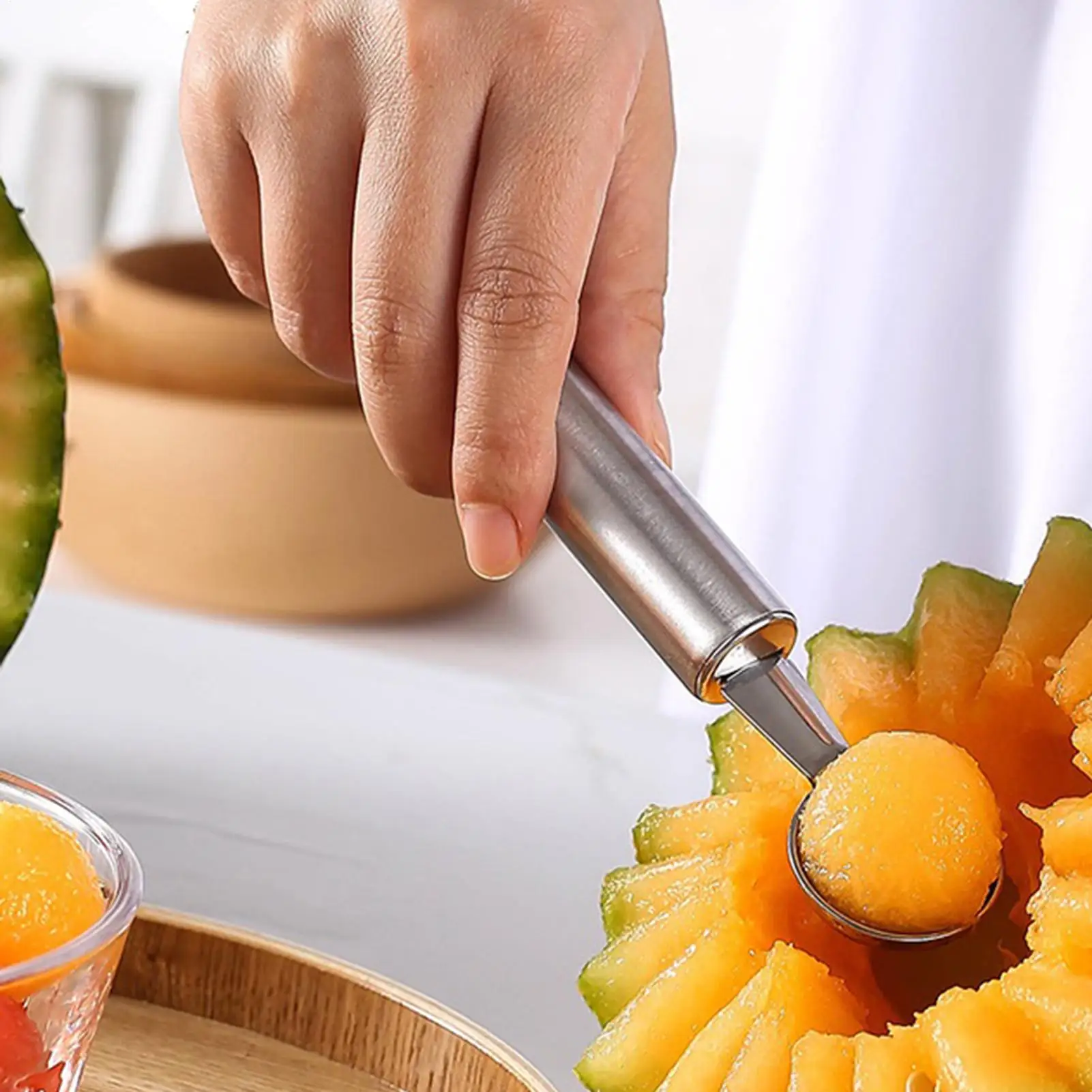 كرة فواكه مزدوجة الجوانب من الفولاذ المقاوم للصدأ للحفلات على شكل كرة البطيخ ملعقة أواني غير لاصقة للمطبخ ﻿