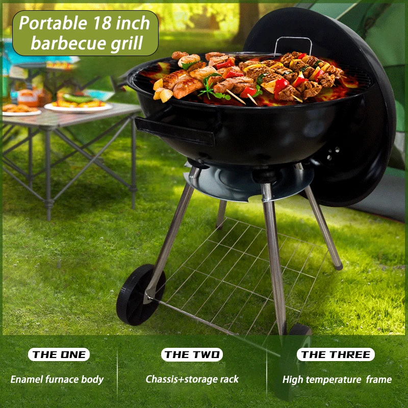 

Black Enamel Outdoor Bbq Grill Portable 18-Inch Grill Charcoal Wood Fire Grill Stationary Storage Quadrupod Push-Pull Travel