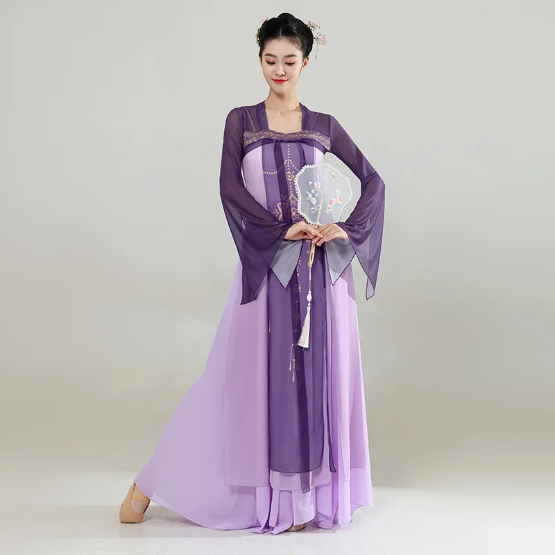 Classical Dance Costume Graceful Long Dress Han Tang Chinese Dance Practice Performance Costume Top and Pants 2-piece Set