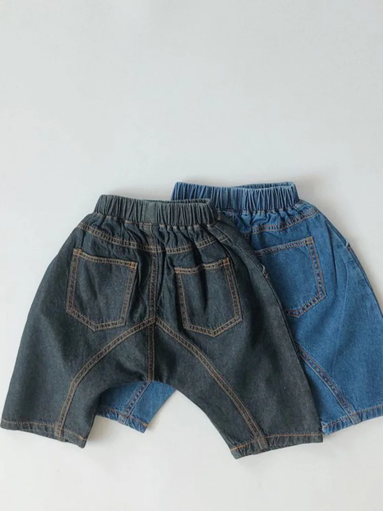 Korean Children's Denim Big Crotch Pants Summer Soft Waxy Japanese Washed Denim Baggy Pants Boys and Girls Cropped Pants