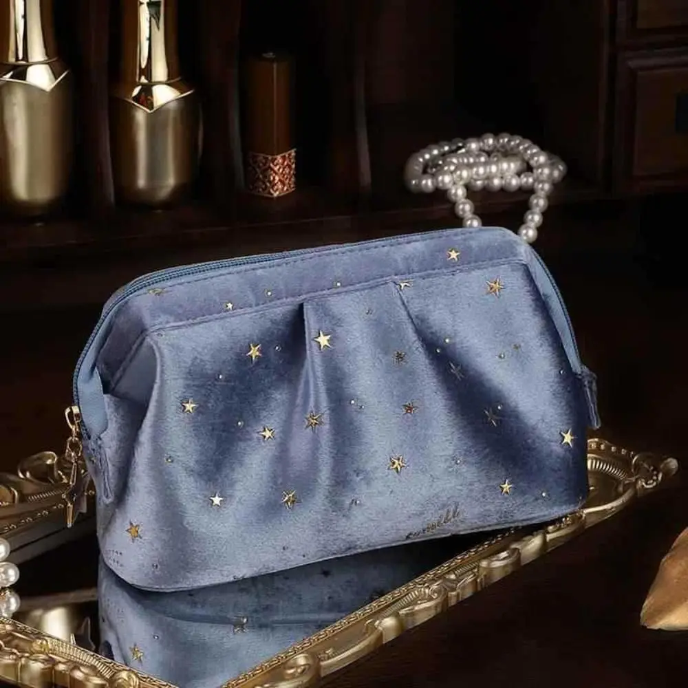 Bronzing Stars Velvet Cosmetic Bag Large Capacity Zipper Travel Toiletry Bag Handbag Wash Pouch Desktop Storage Bag Bath Storage