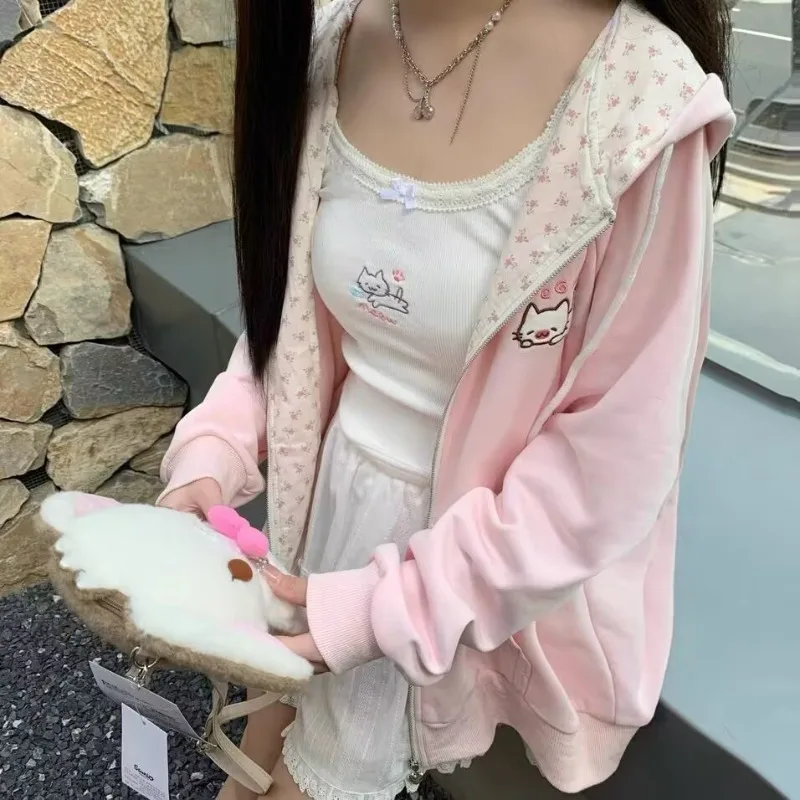 Harajuku корейское кавайное пальто с капюшоном женское тонкое кардиган на молнии с длинными рукавами Y2K уличная одежда новые свободные куртки средней длины