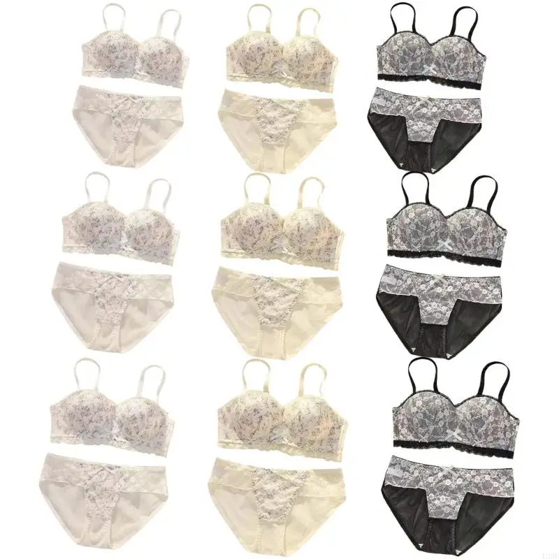 

L38E Lingerie Set for Women 2Pieces Half Cup Padded Wireless Bra and Panty Floral Pattern Lace Underwear Set Intimate Outfits