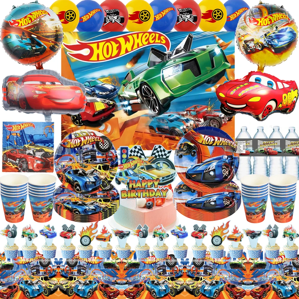 Hot Wheels Birthday Party Decoration Racing Balloon Hot Wheels Cutlery Set Flamme Cars Boys' Party Activity Toy Supplies