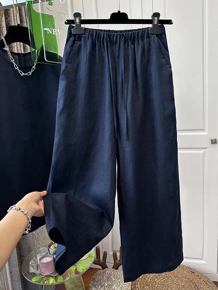 SuperAen 2025 Summer New Thin Navy Blue Sleeveless Pullover Vest Temperament Simple Loose Wide-leg Pants Fashion Two Pieces Sets