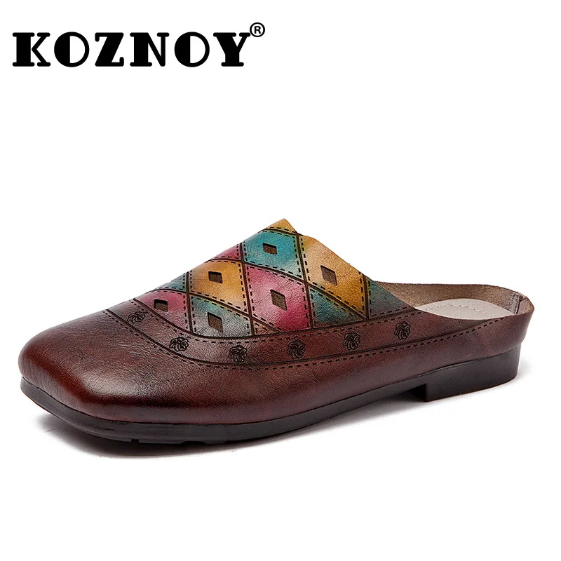 

Koznoy 2cm Cow Sandals Hollow Genuine Leather Comfy Flats Artistic Round Toe Slippers Women Shoes Summer Beach Loafer Leisure