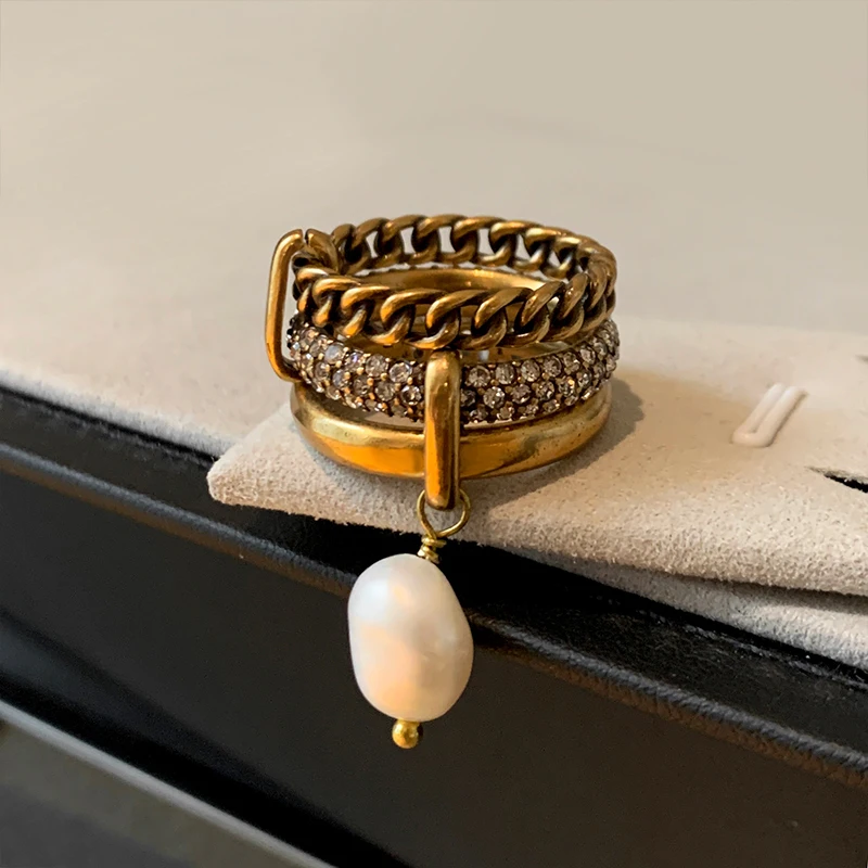 

Retro Multi-Layer Baroque Pearl Ring for Women Unique Design Luxury Faion Personali Yellow Gold Finger Ring
