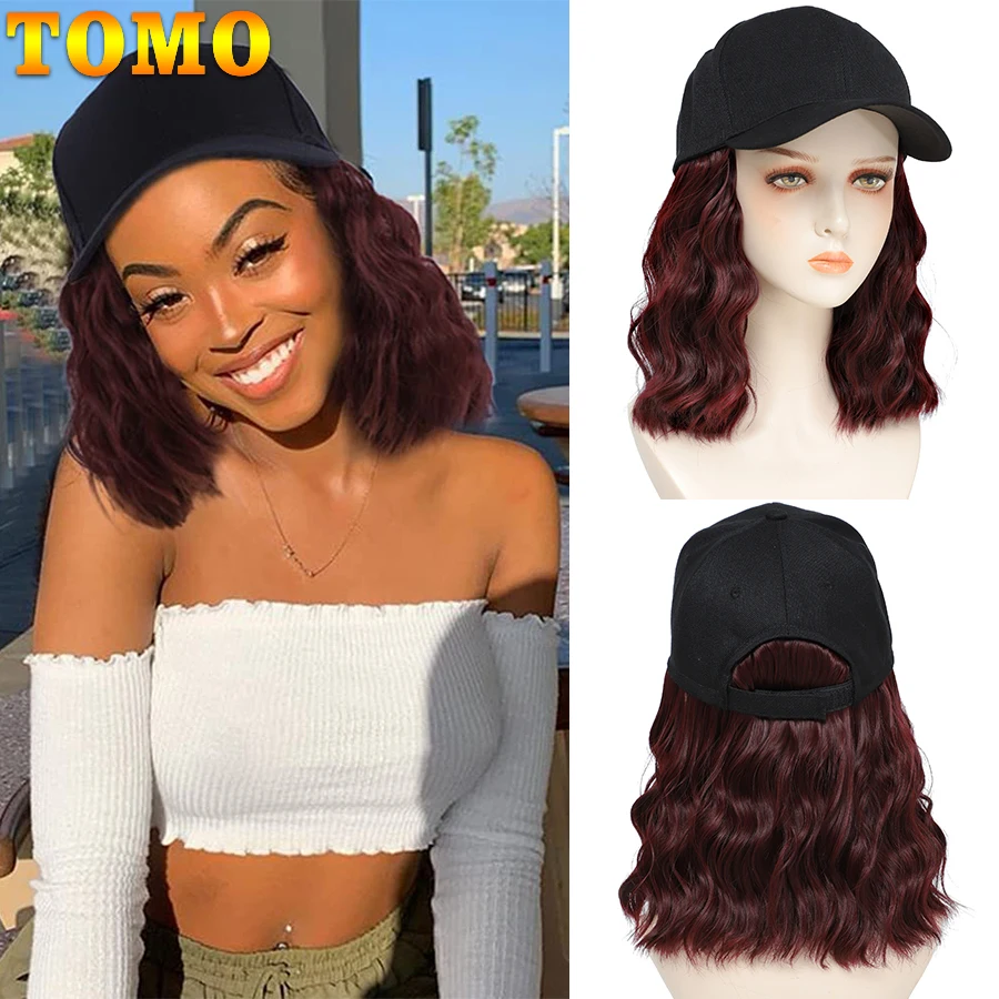 TOMO-Perruque de casquette de baseball avec cheveux bouclés pour femmes et filles, chapeau de basket-ball noir, extensions de cheveux ondulés