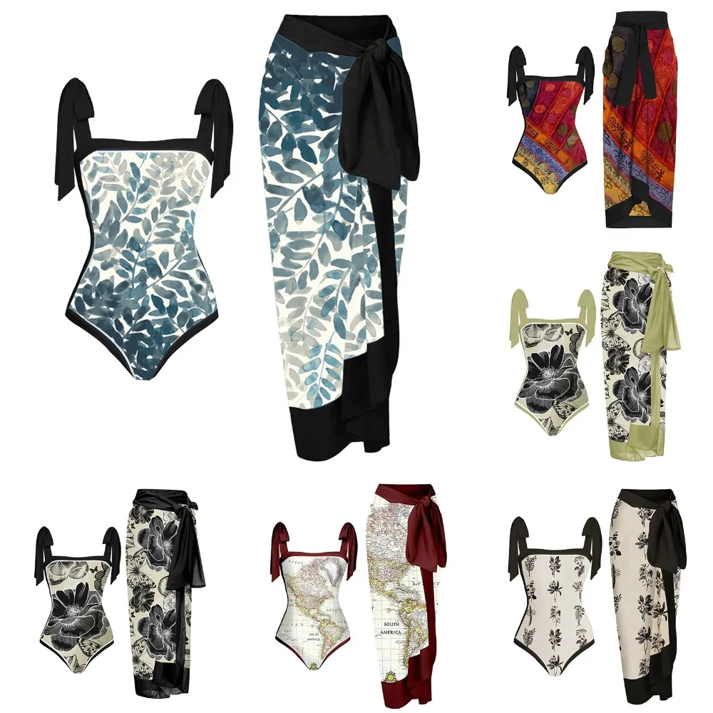 

One Piece Swimsuit for Women, Tie-Shoulder Swimwear, Wrap Skirts, Vintage Holiday Designers, Bathing Suit, Beach Leaf Print