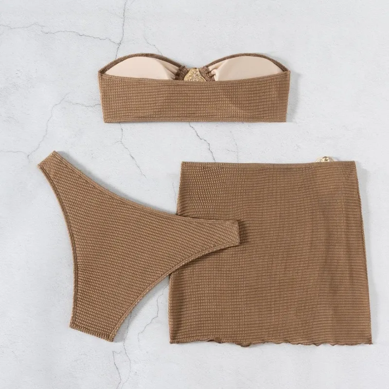 Summer Elegant Skirt Bandeau Bikini Female Swimsuit Women Swimwear Three-pieces Bikini Set Padded Bather Bathing Suit Swim 2025