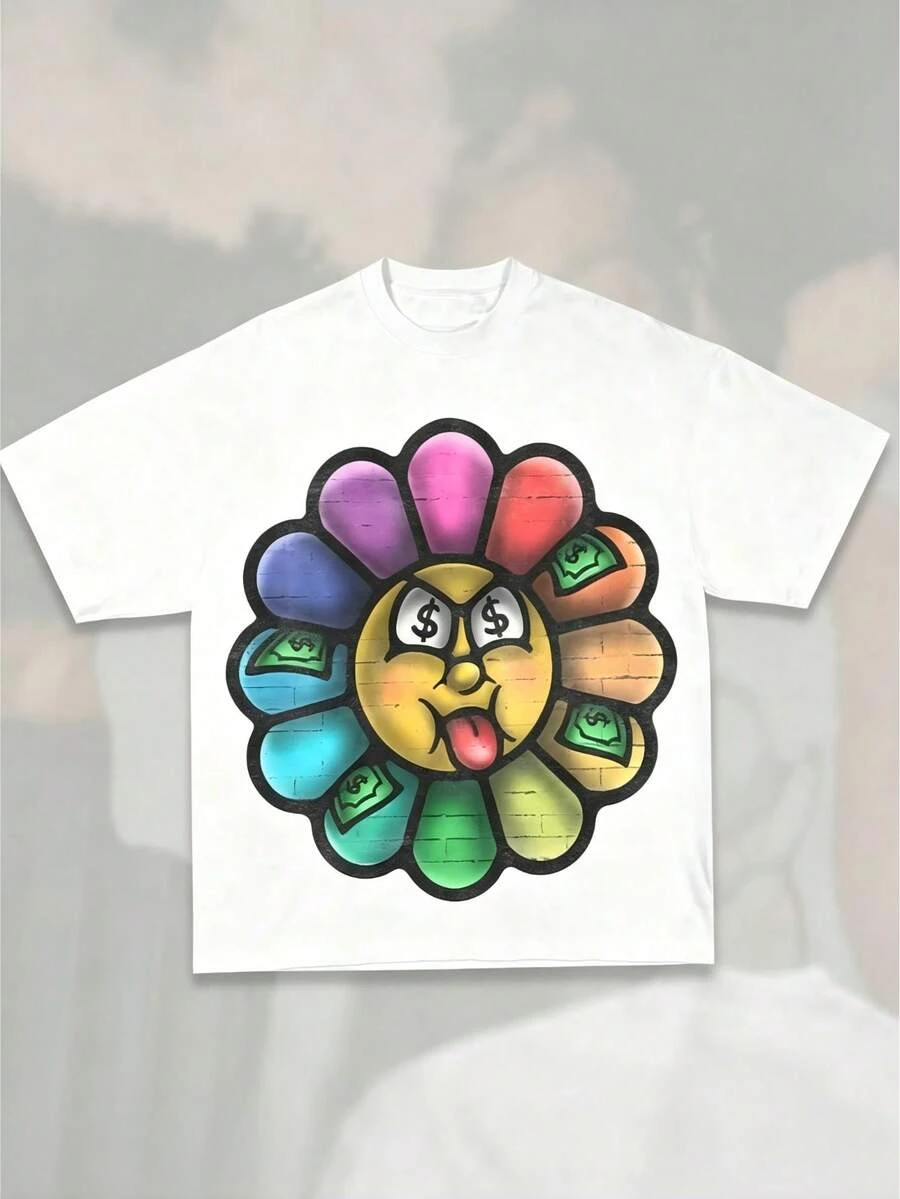Men Oversized T‑Shirt Colorful Sunflower Dollar Print Hip Hop Streetwear Casual Short Sleeve Tee Tops