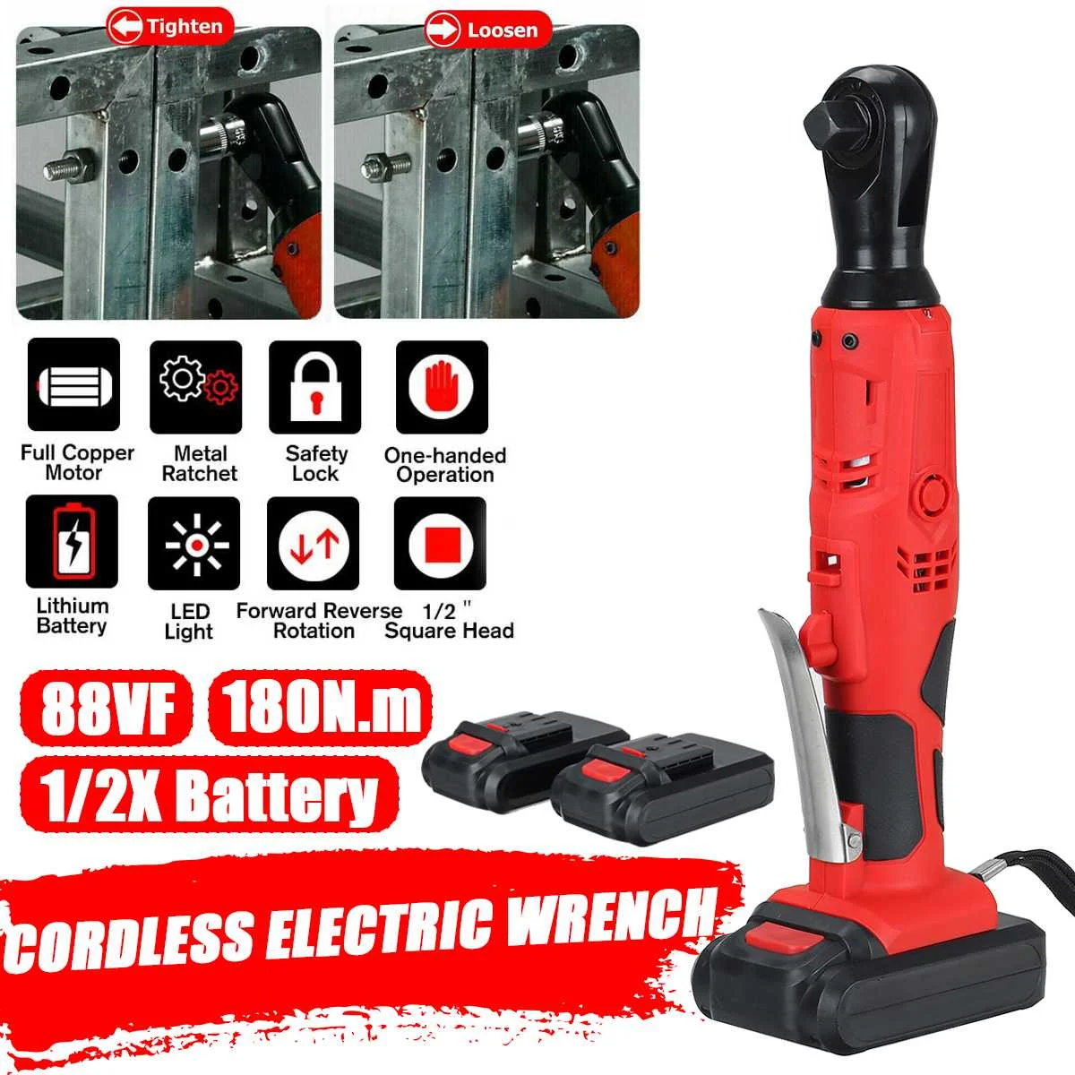 

Electric Wrench 1/2" Cordless Ratchet 42V Rechargeable Scaffolding 180N.m Right Angle Wrench Tool 2 Battery Charger Kit