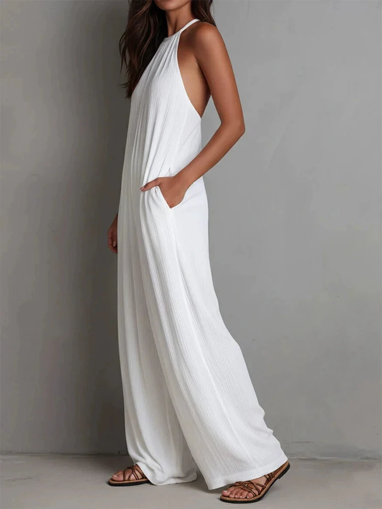 

Sexy Hanging Neck Solid Color Pocket Romper New Summer Lady Fashion Off Shoulder Long Pants Jumpsuit Casual Loose Beach Playsuit