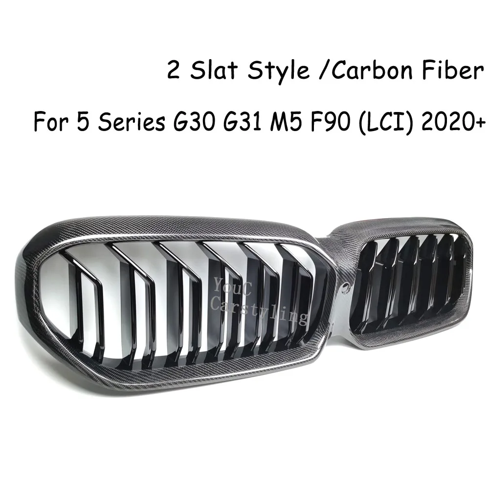 G30 Carbon Fiber Dual Line Gloss Black Grille For BMW 5 Series G30 G31 M5 F90 LCI 2020-2023 Front Kidney Bumper Grill