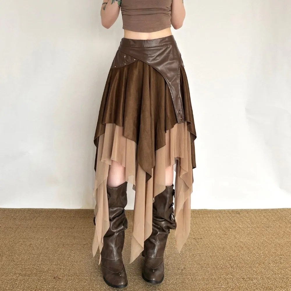 

SylCue PU Leather Patchwork Long Skirts Woman Summer Trend Elastic Waist Mesh Irregular Hem High Street Fashion Style Bottoms