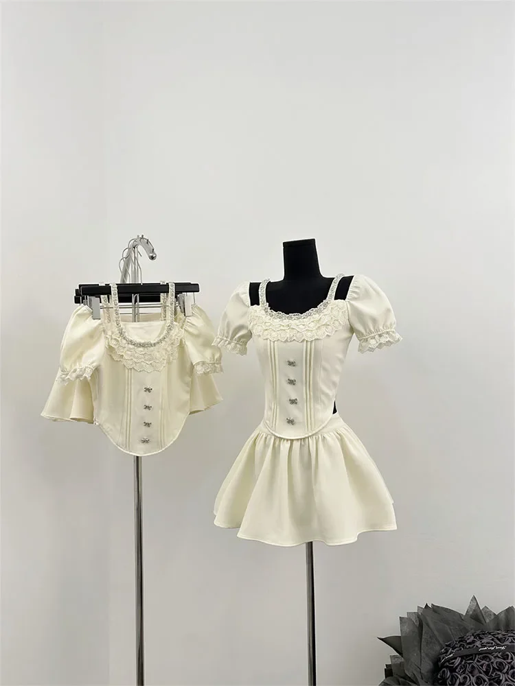 

Summer Women Birthday Mori Girl 2000s Ballet Core Gyaru Old Money Outfits 2 Piece Set Cute Lace Crop Tops + Mini A-line Skirts