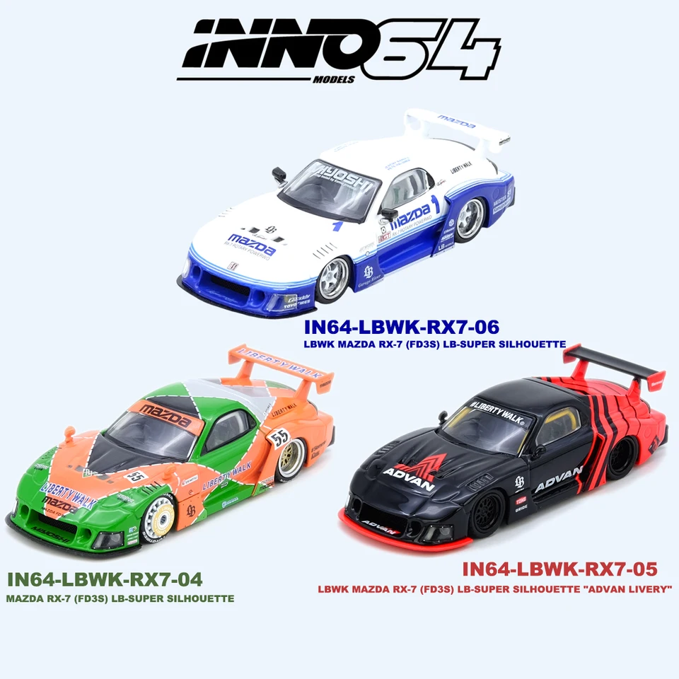 INNO64 1:64 LBWK Mazda RX-7 FD3S 3 Optional Versions White Blue #1