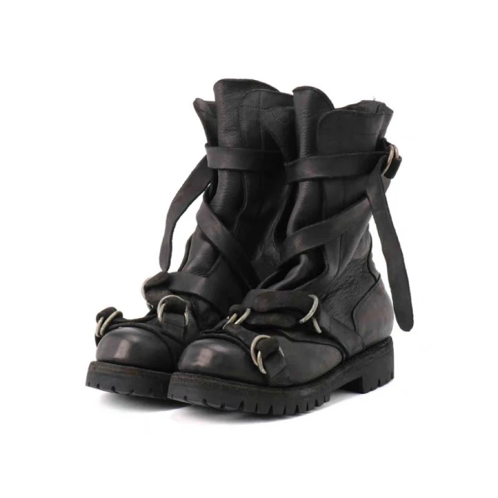 Punk Retro Thick Soled Motorcycle Boots Men Black Soft Leather Belt Buckle Knight Boots Increased Height Trendy Men's Shoes