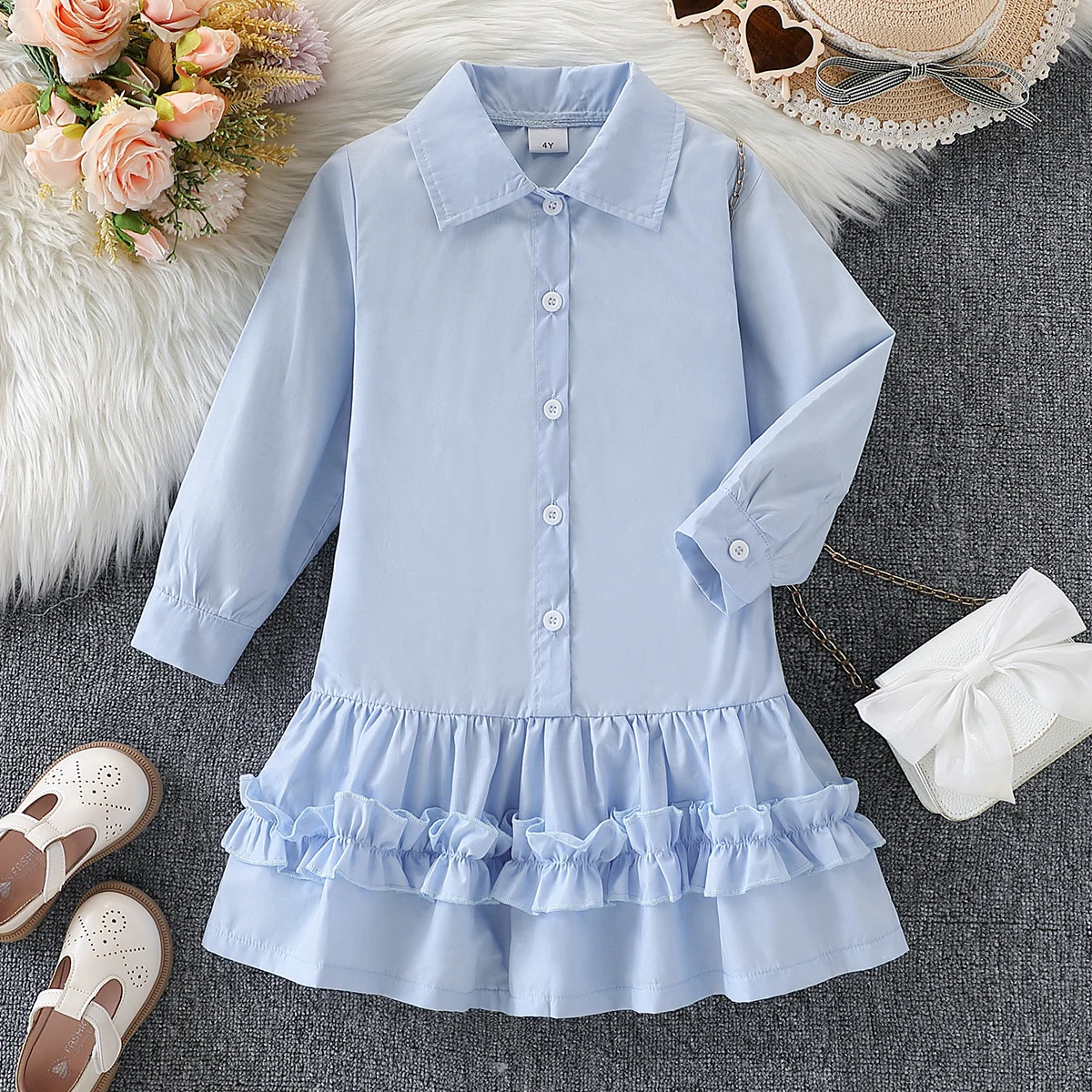 Mädchen Langarm-Shirt Lässig Einfarbig mit Lotusblatt-Spitzenbesatz für Herbst-Outdoor-Aktivitäten Modisches Kleid – Detail 2