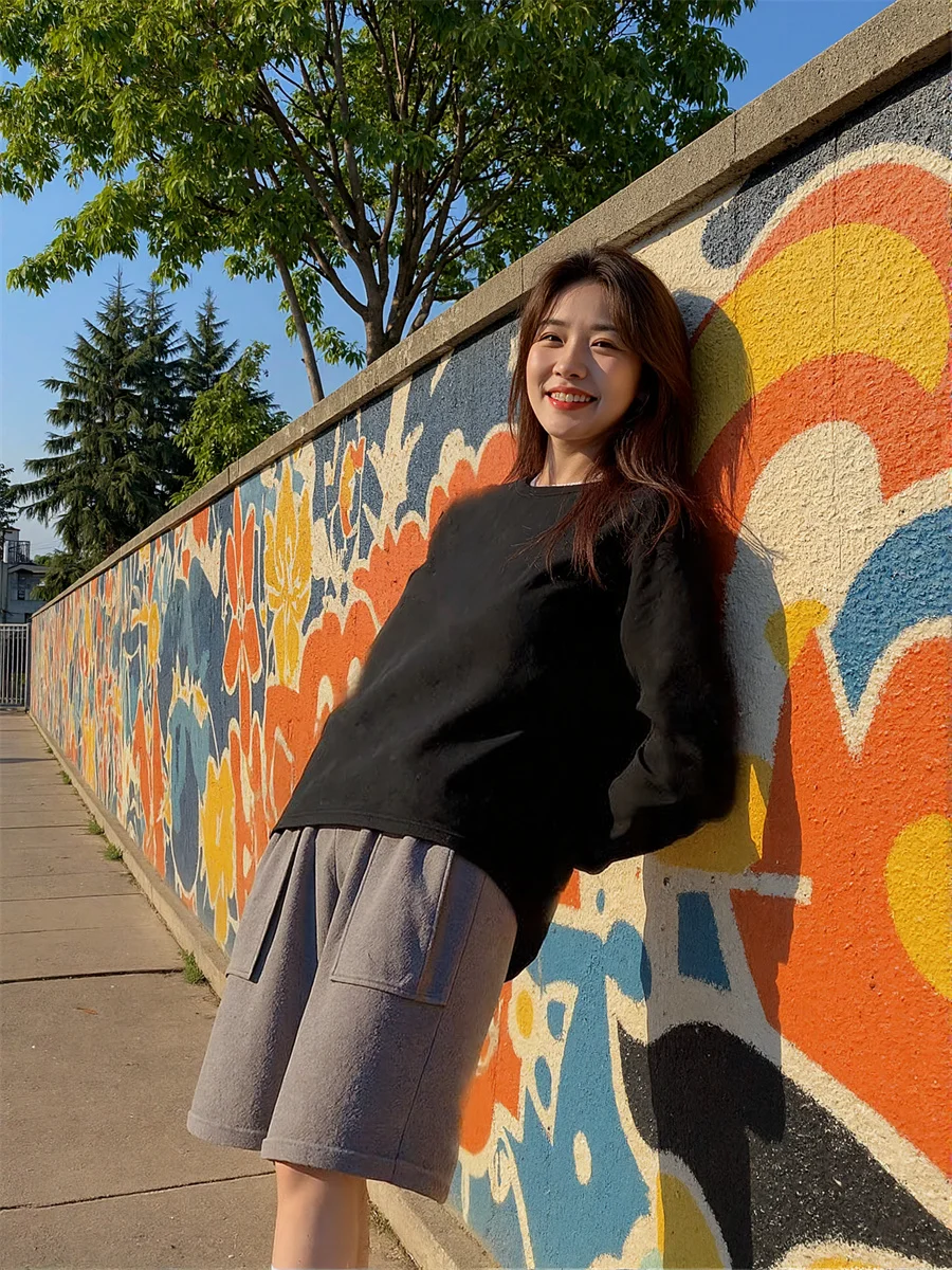 Pantalones cortos de pierna ancha para parejas, pantalones cortos holgados de cintura alta con bolsillos grandes, ropa informal vaquera a la moda, azul, verano