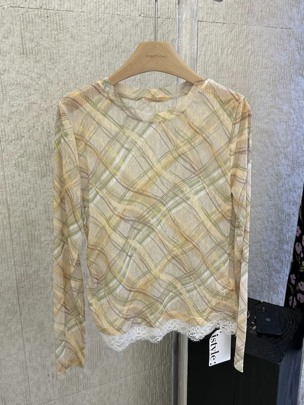 

Retro Style Women's Shirt Thin Lace Hem round Neck Plaid Top Breathable Spring Summer Fashion Elegant Draped Pattern