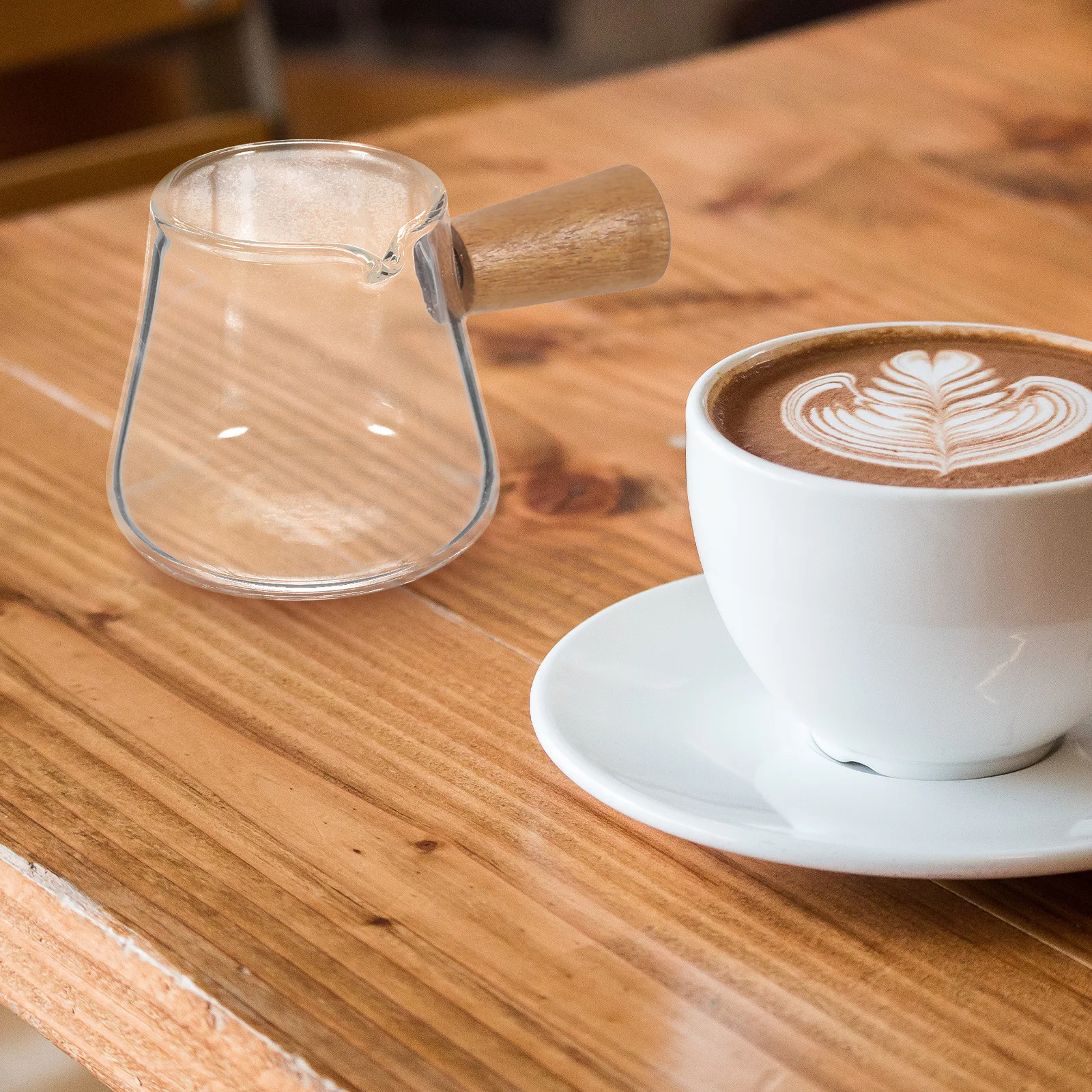 Wooden Handle Glass Creamer Pitcher Milk Jug Heat Resistant Coffee Measuring Cup Frother Small Glass Pitcher For Coffee Lovers