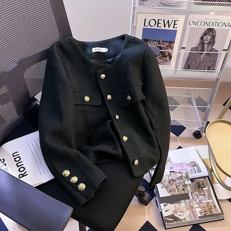 New Small Fragrance Tweed Jacket Women French O-neck Long Sleeve Pearl Button Single Breasted Cardigan Short Coat Korean Fashion