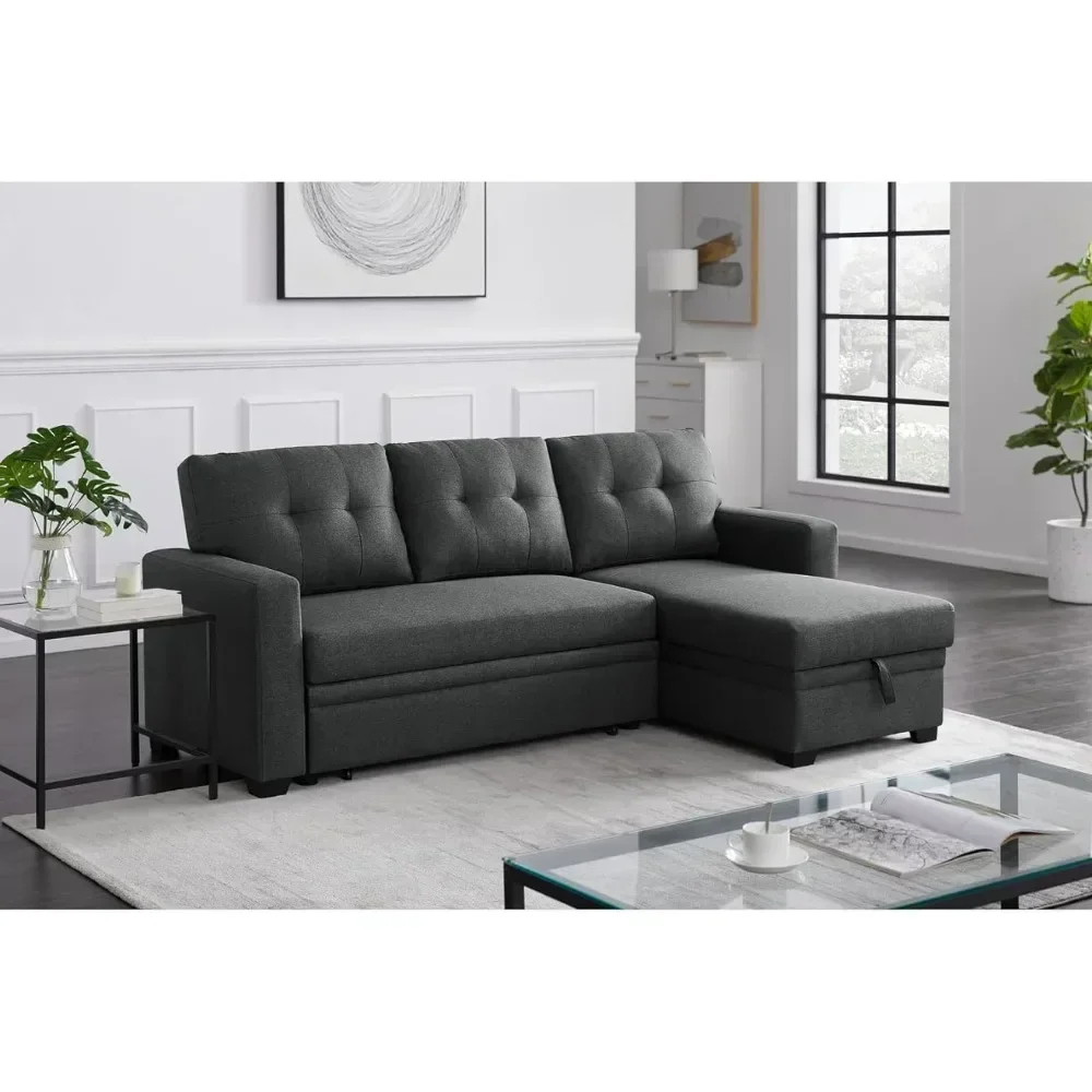 Sofa Bed Furniture Modern Reversible Sectional Sleep Sectional Sofa with Storage Chain, Sofa in Dark Grey Fabric