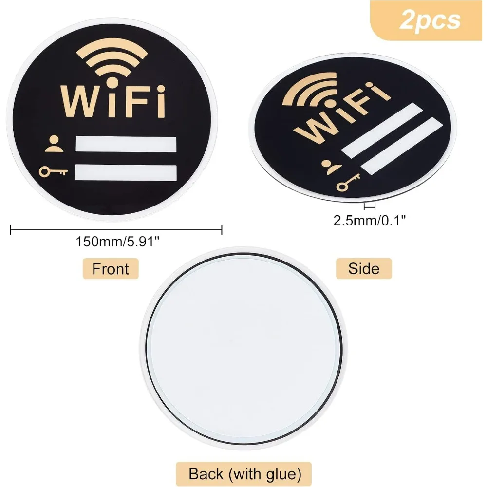 2 Pcs Black Round WiFi Password Sign Acrylic WiFi Coverage Sign Wireless Network Coverage Sign with Adhesive for Meeting Room