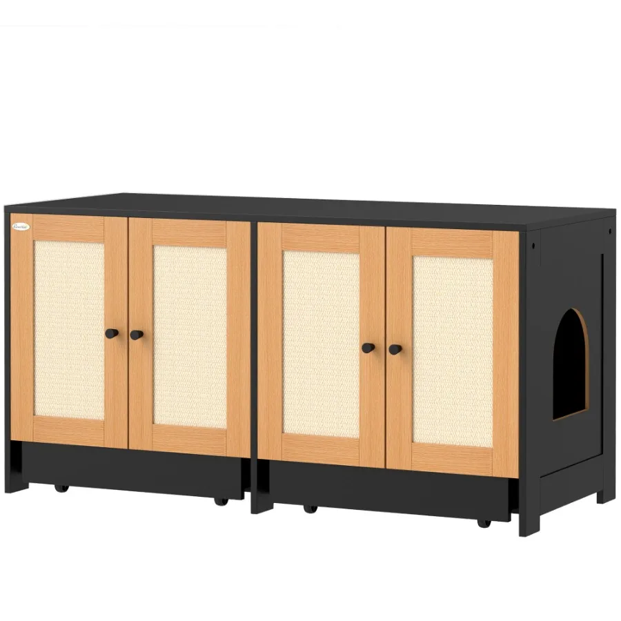 

Cat Litter Box Enclosure w 2 Cabinets Scratching Mats Trays for 2 Cats Kittens Black