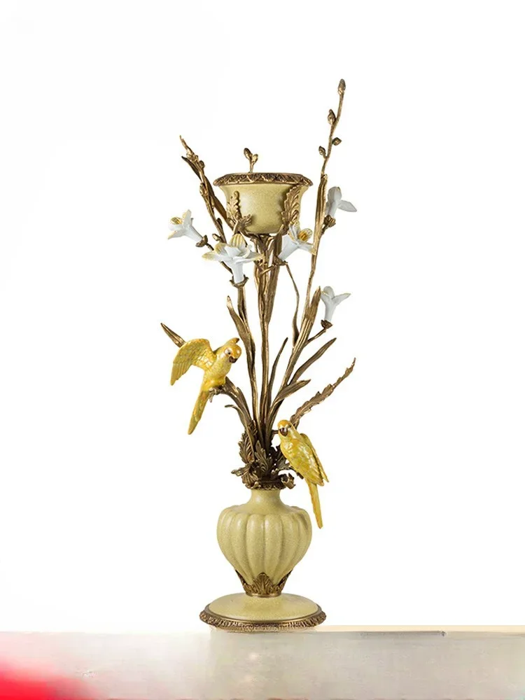 Exquisite French style copper with ceramic flower and bird candle holders, villa living room, desktop crafts decoration