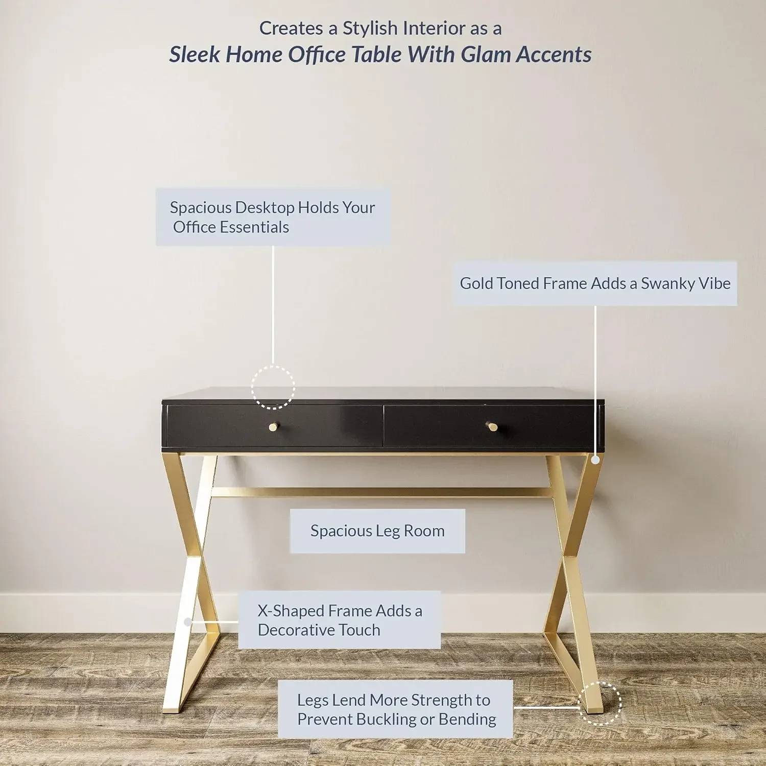 Современный туалетный столик для макияжа диаметром 42 фута с золотой рамкой, деревянной столешницей и 2 ящиками — Эбена (черный)