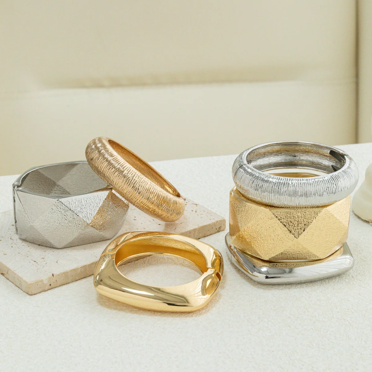 Vintage Punk Metal Geometry Design Wide Bangle Bracelets Geometric Wide Stackable Bracelet Fashion Chunky Jewelry For Women