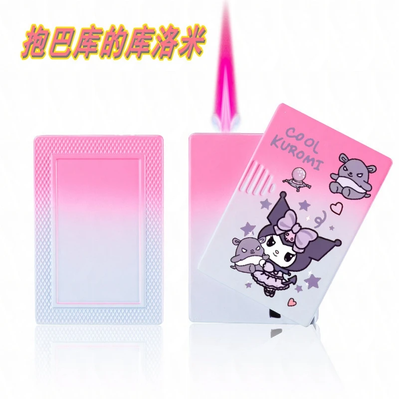 New Sanrio Kawaii Cartoon Hello Kitty Lighter Metal Jet Torch Pink Flame Poker Lighter Windproof Playing Card Lighters Funny Toy